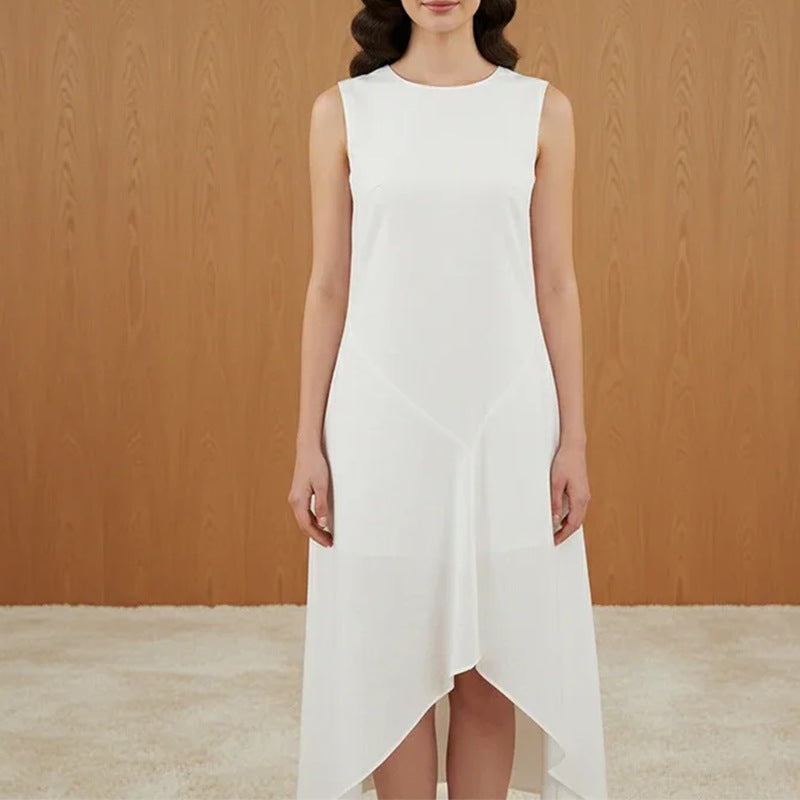 white crew neck sleeveless irregular dress