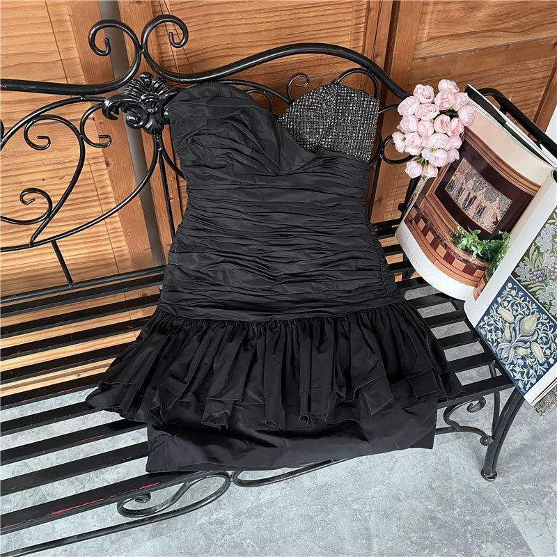 strapless Layer pinched pleated bandeau diamond ruffle slim mini dress
