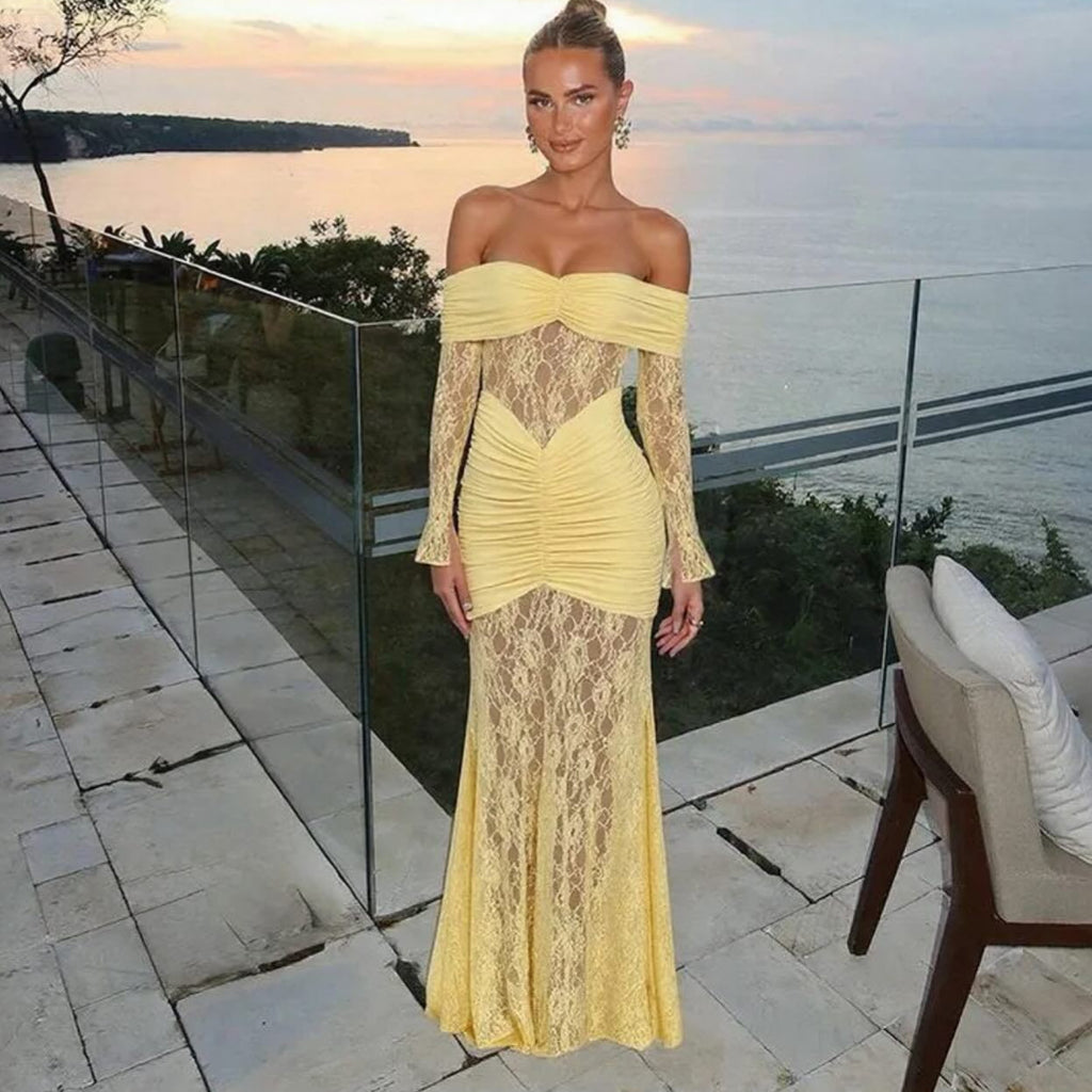 damla yellow Lace-trimmed flared sleeve fishtail dress