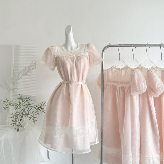 Polka dot tulle puff sleeve mini dress - pink