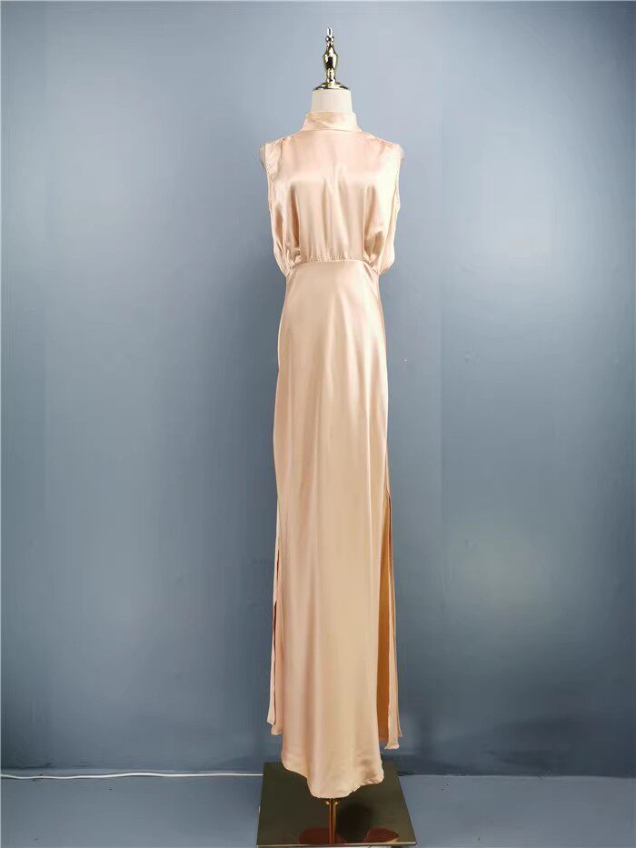 rose powder stand collar slit banquet dress