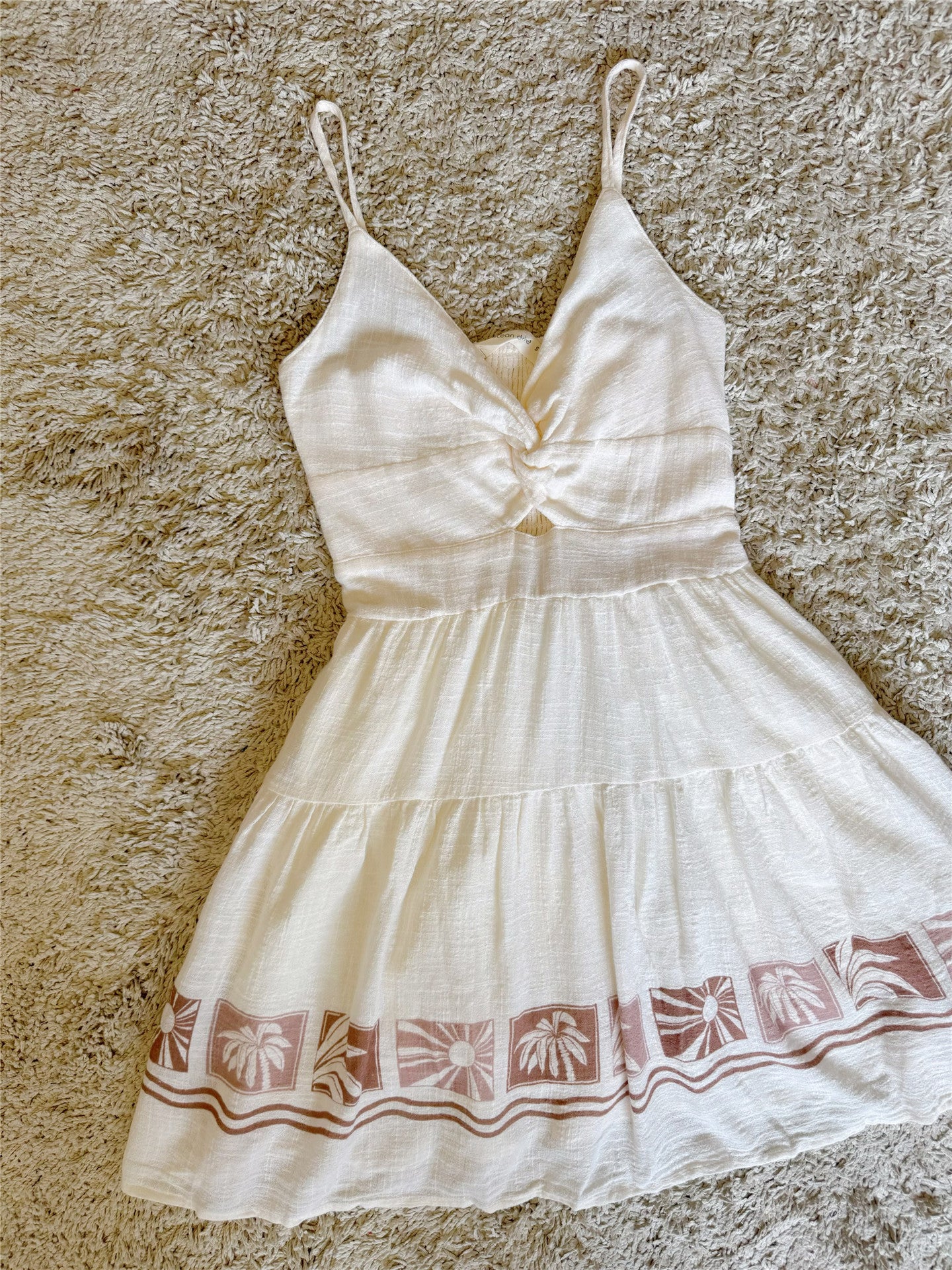 Twist Front Tropical Border Print Tiered Mini Dress