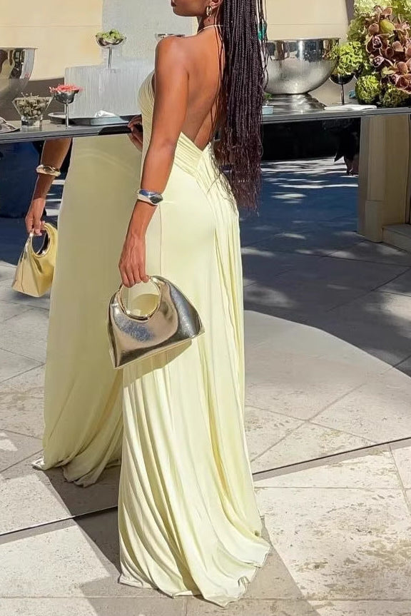 yellow halterneck open back slip dress