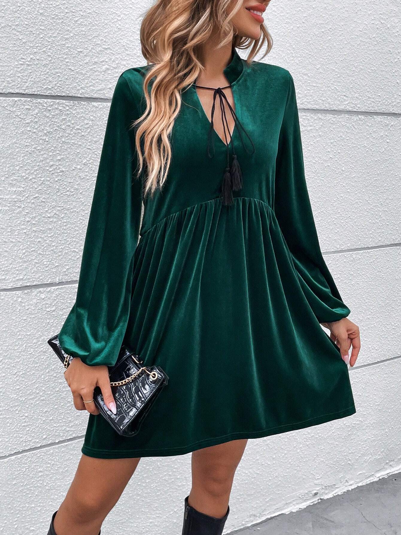 green puff sleeve velvet mini dress