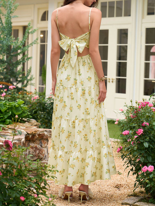 yellow V-neck floral print backless camisole dress