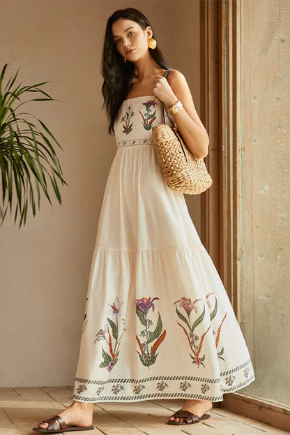 white suspender printed backless beach dress