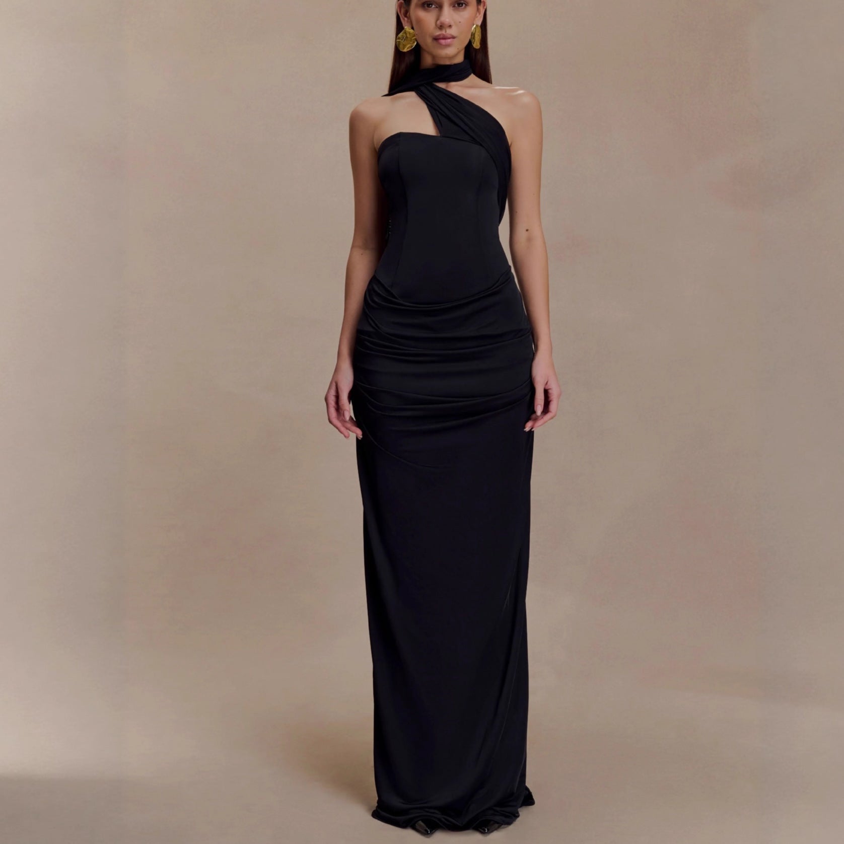 black bandeau sloping shoulder maxi dress