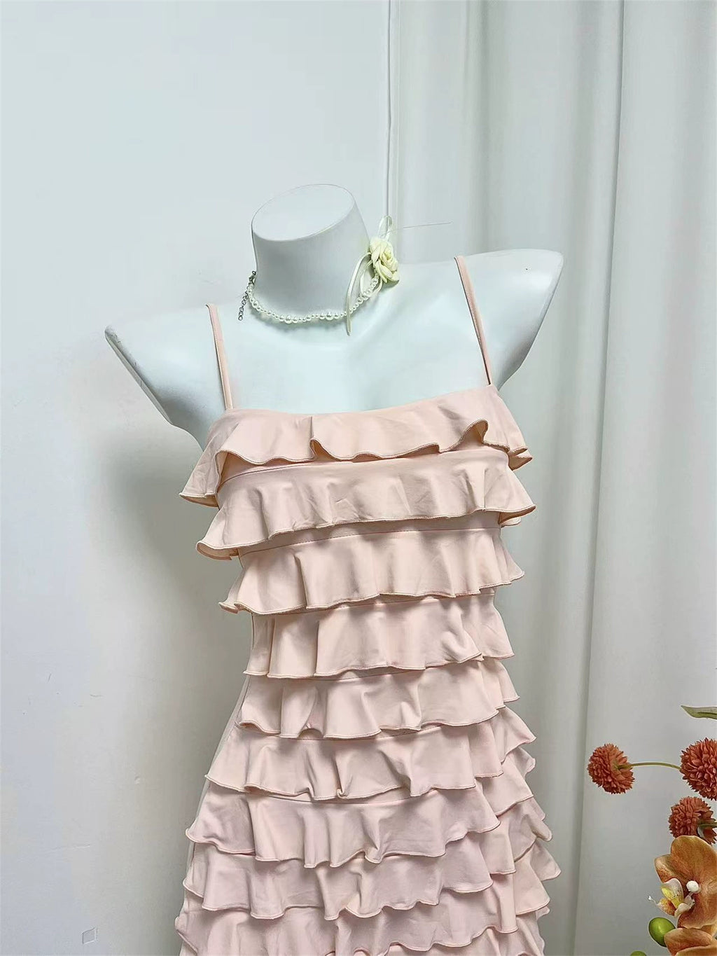 pink ruffled camisole mini dress