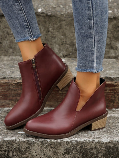 Asymmetric design zipper low thick heel chelsea boots