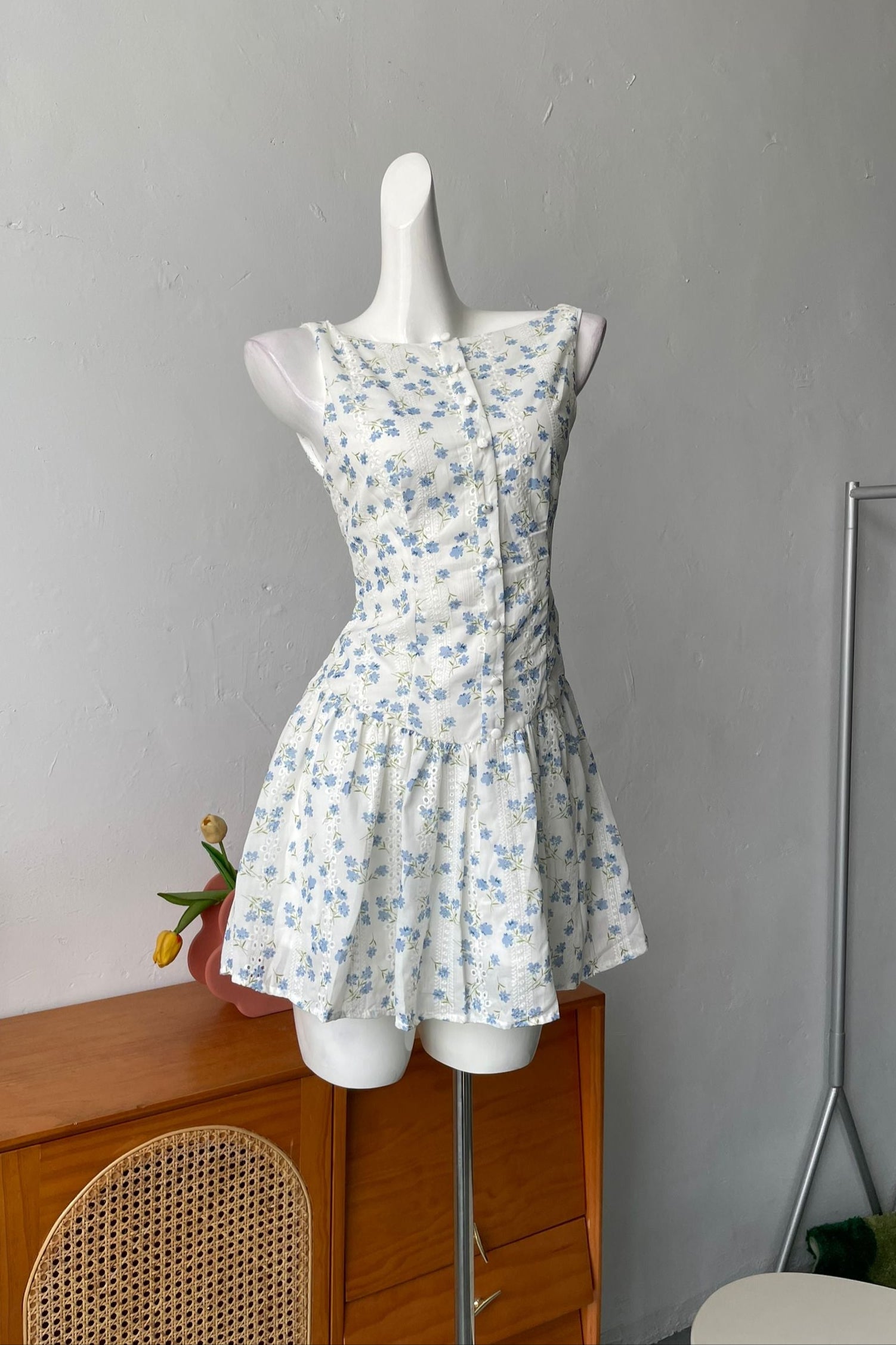 blue low-waisted backless dress