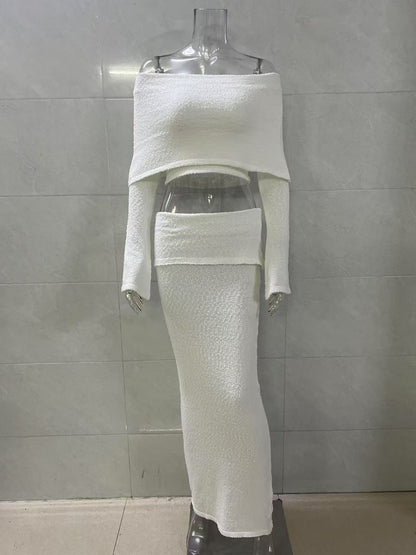 white Off-the-shoulder long-sleeved top and skirt two-piece set