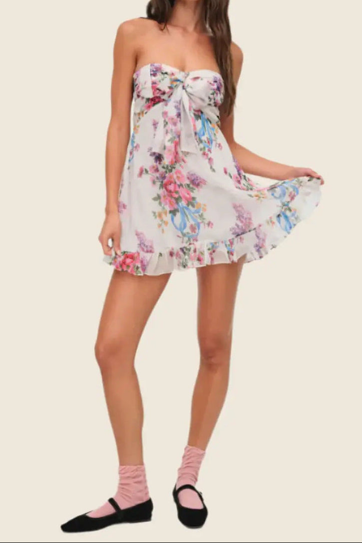 Floral print strapless chiffon ruffled mini dress