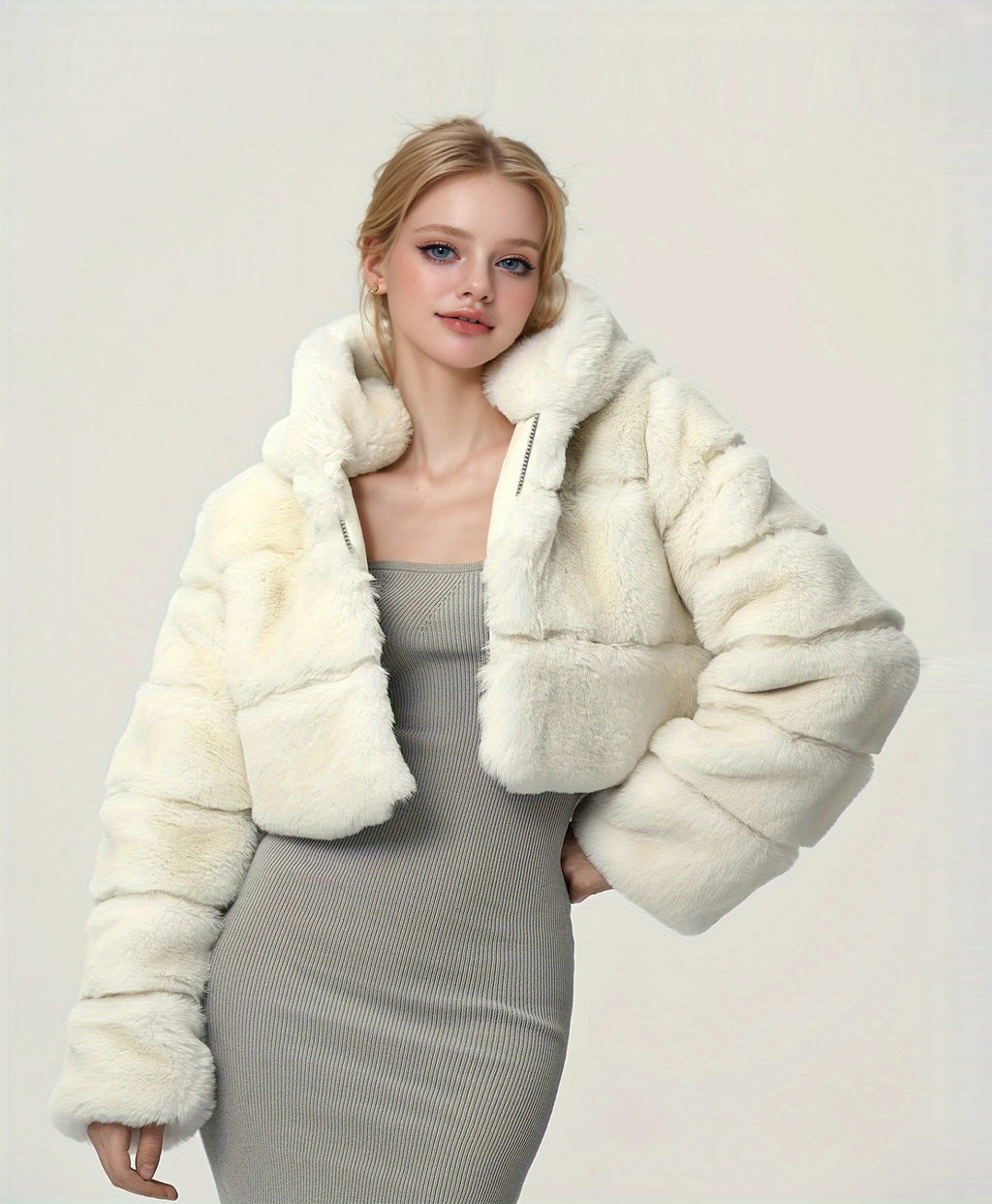 hooded imitation rabbit fur long sleeve spliced jacket