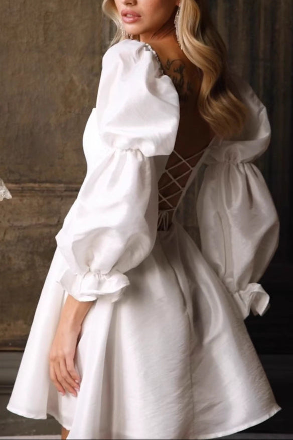 white puff sleeve hanger square neck mini dress