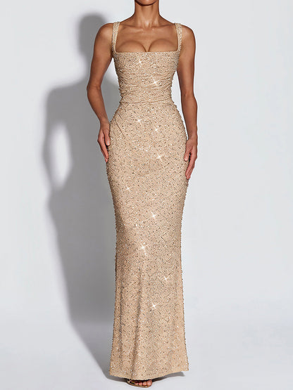 champagne sequin suspender evening dress