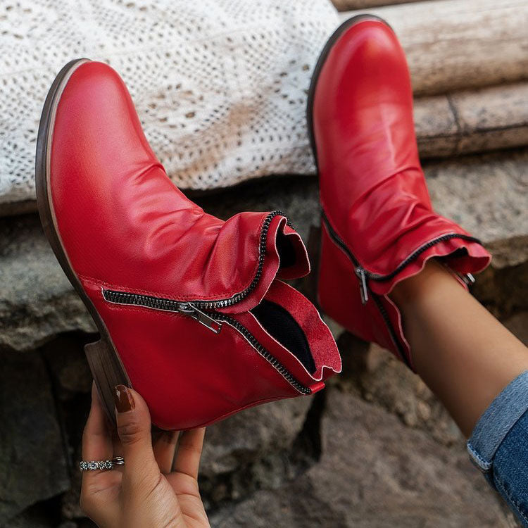 Double side zip pleated leather ankle boots