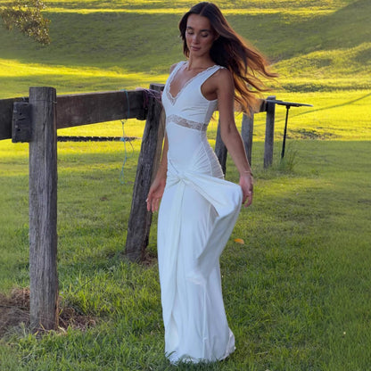 white lace patchwork slim fit streamer dress