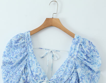 Floral lace patchwork deep V-neck puff sleeves mini dress