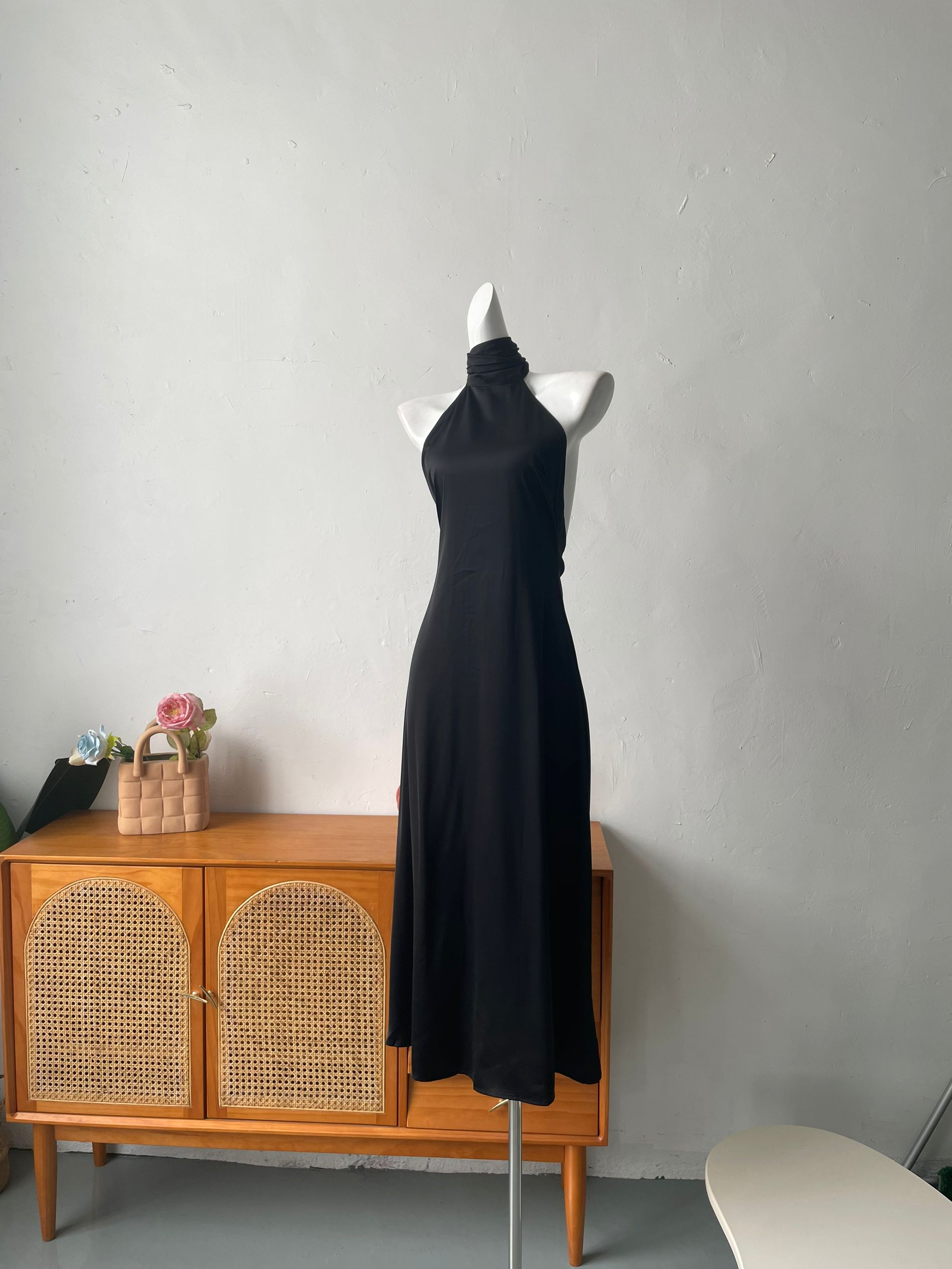 black halterneck off-the-shoulder dress