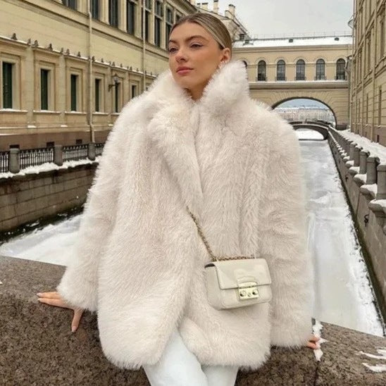 imitation fox fur coat in winter