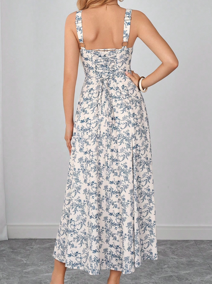 blue and white floral camisole dress