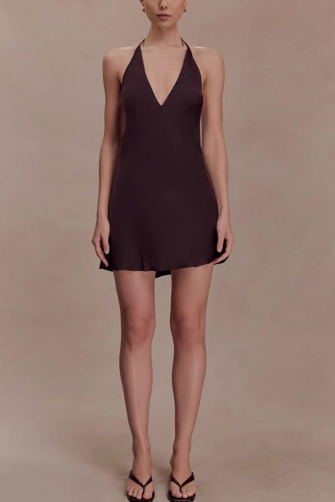 brown open back cross-border satin mini dress