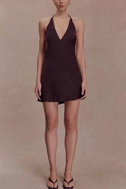 brown open back cross-border satin mini dress