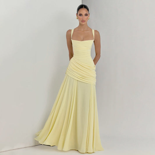 yellow low-cut camisole open back mermaid dress
