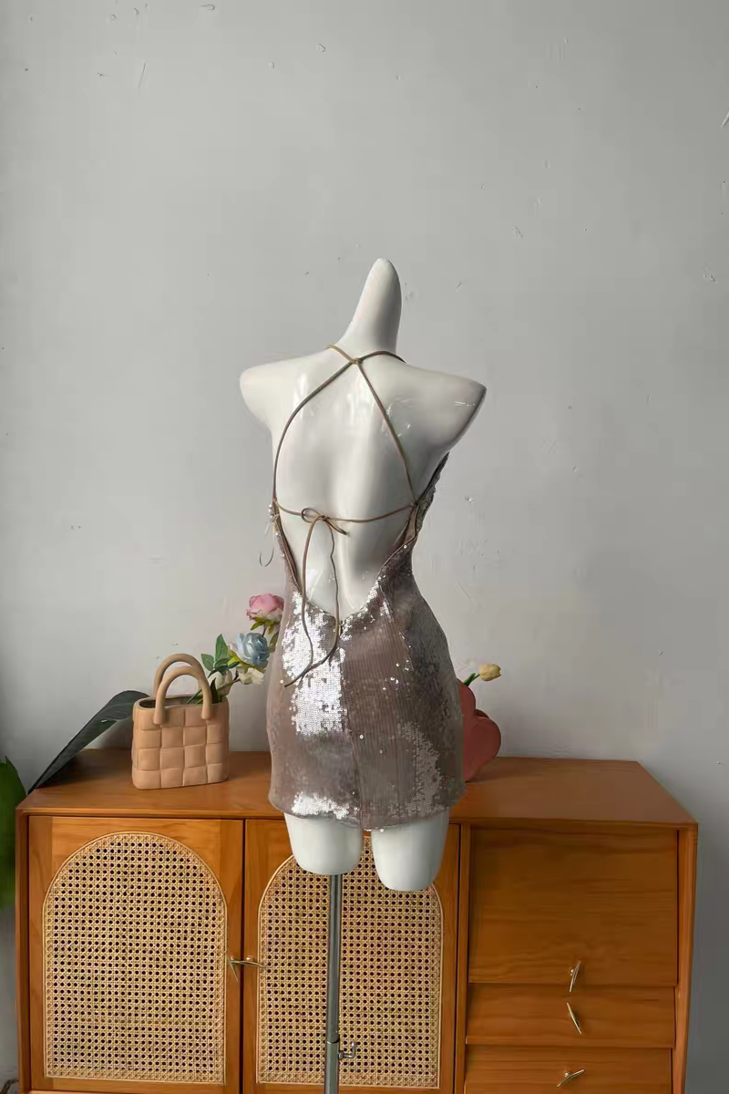 sequin suspender backless mini dress