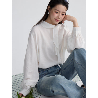 Retro side-button ruffled ribbon shirt