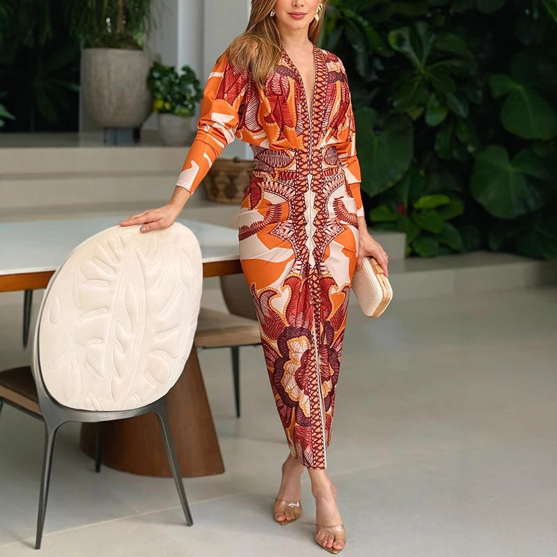 orange print V-neck long sleeve slit dress