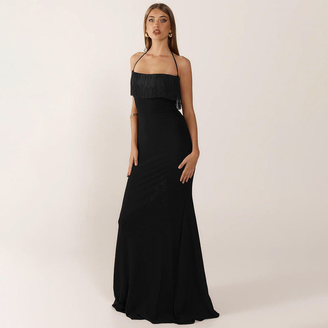 Tassel stitching halterneck backless high waist dress