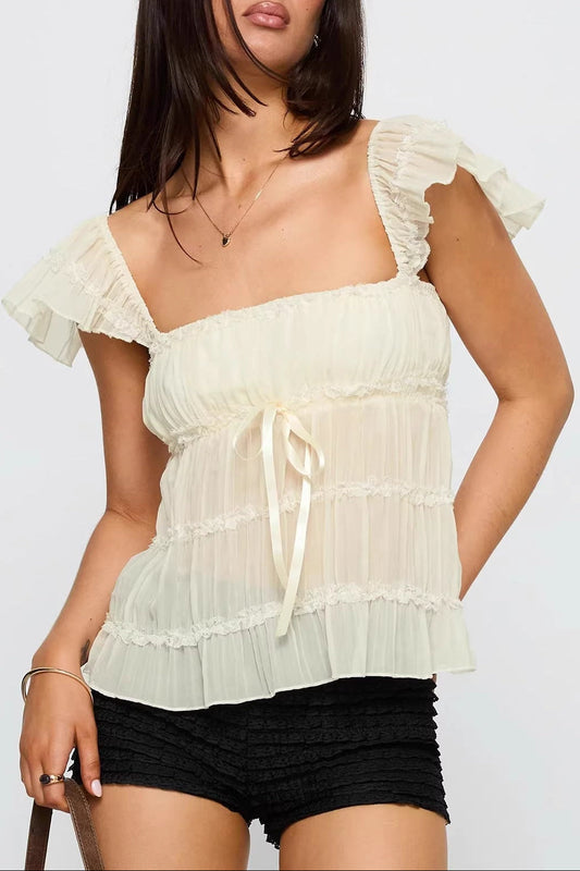 Cross-border foreign trade women's summer French sweet style U-neck short sleeve women's flying sleeves with chest pads fashion T-shirt tops