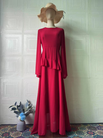 red long-sleeved maxi dress