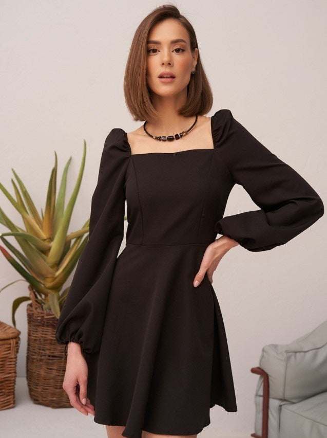 black square neckline puff sleeve mini dress