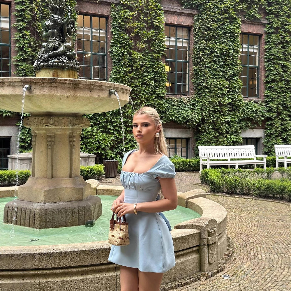 blue bow backless mini dress