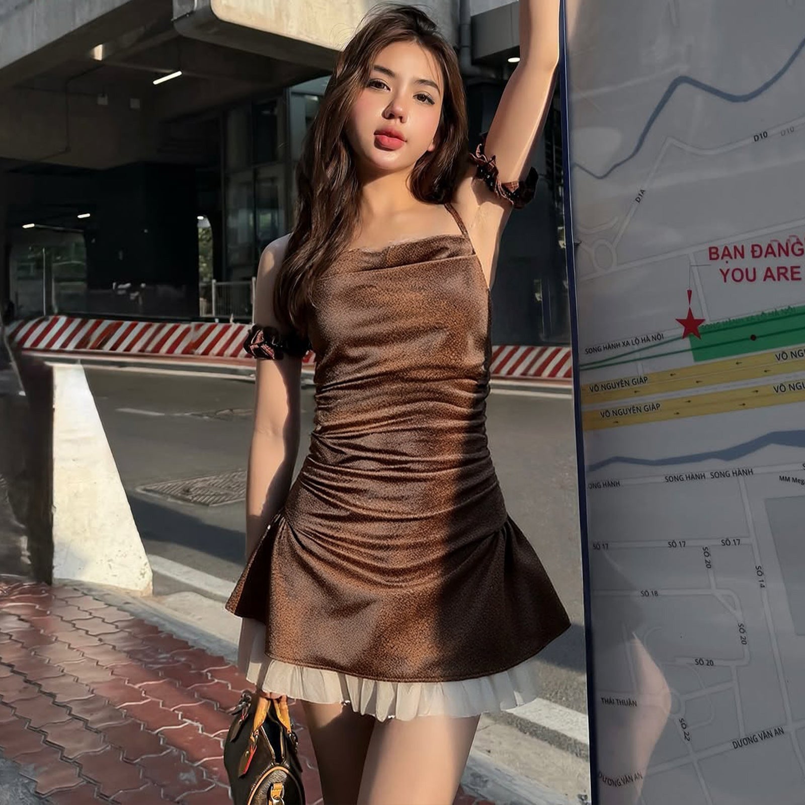 Vintage PU leather suspender dress