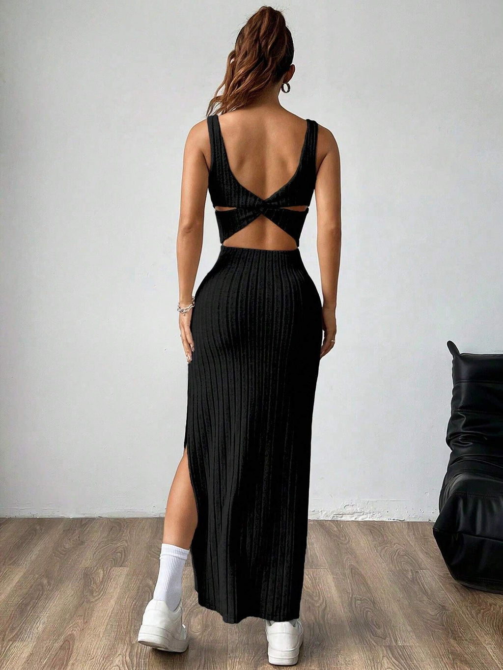 black High-waisted halter-neck slit maxi skirt