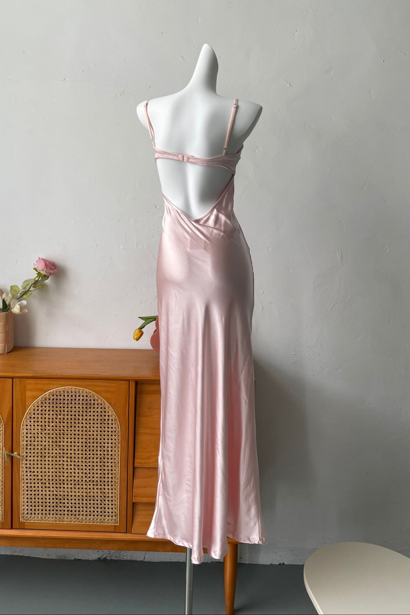 pink backless maxi dress