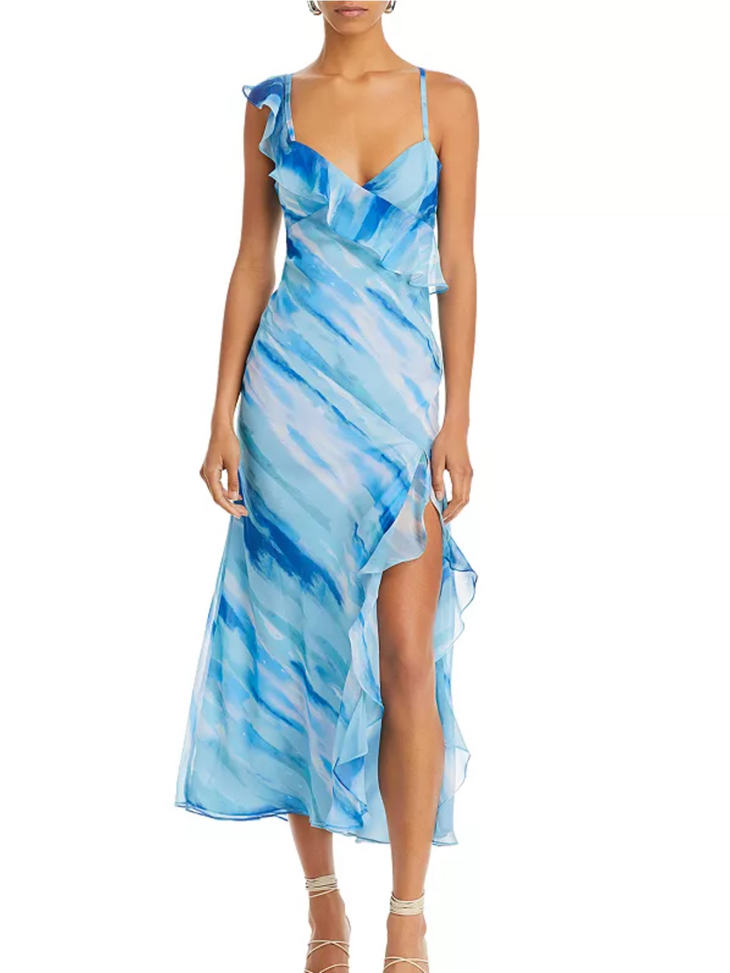 Blue Ocean V-Neck Ruffle Suspender Side Slit Dress