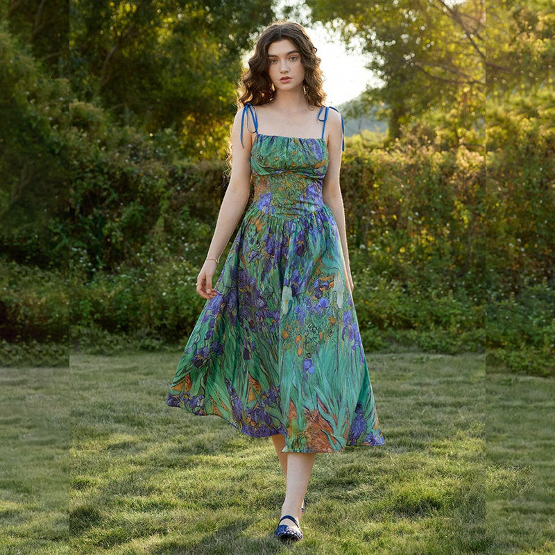 green suspender flower waist dress
