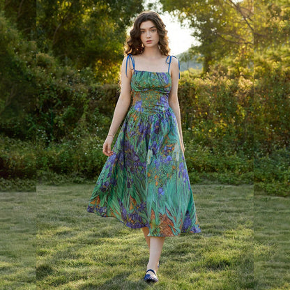 green suspender flower waist dress
