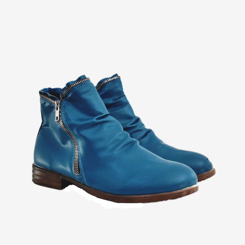 Double side zip pleated leather ankle boots