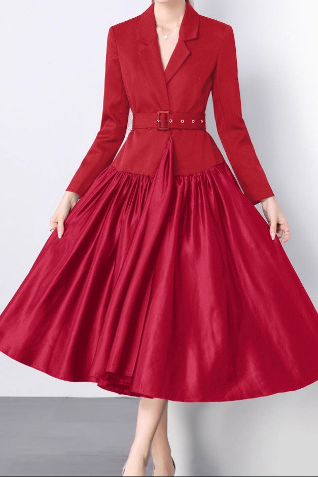 Suit collar belted long skirt