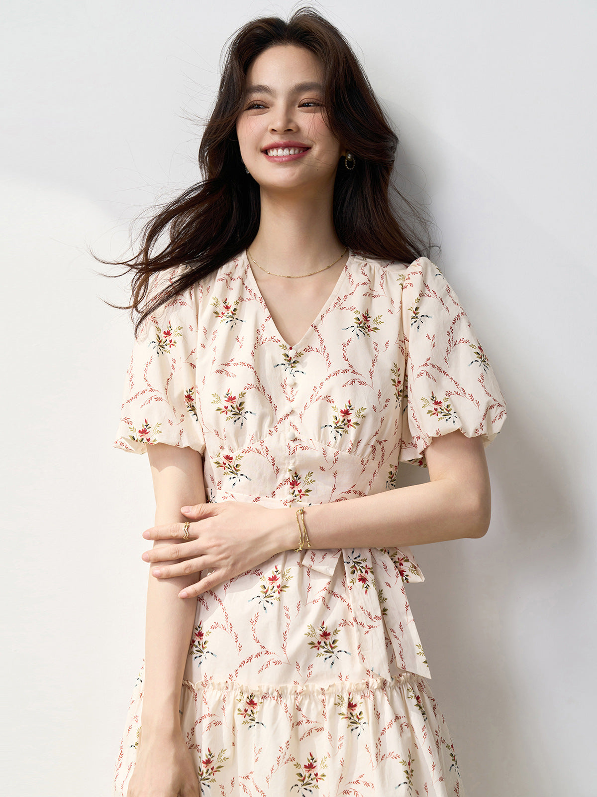 Retro V-neck puff sleeve printed tea maxi dress