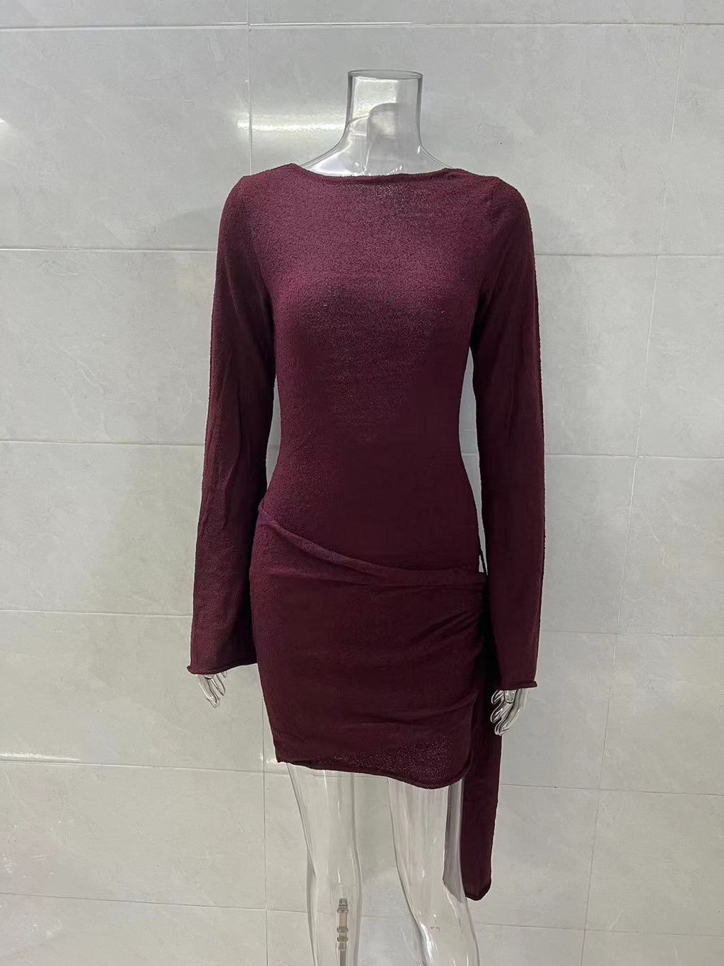 brown long sleeve knitted mini dress