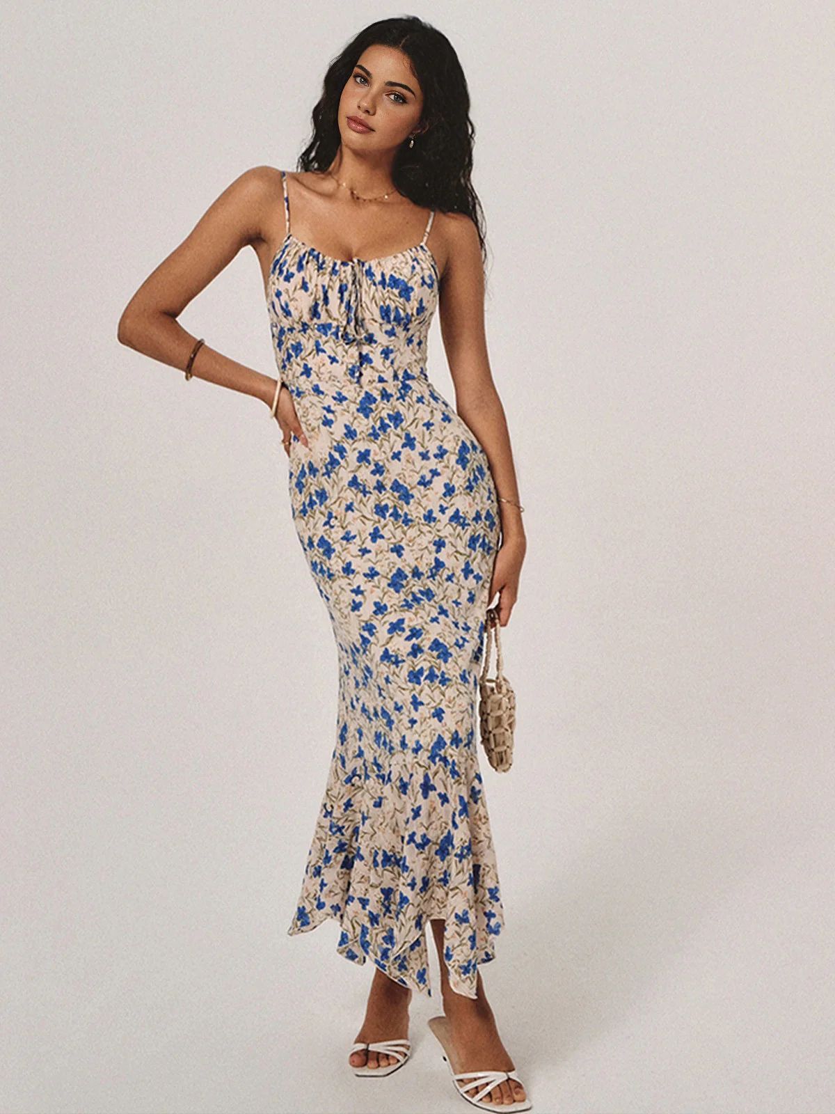 Floral V-Neck Tie-up Irregular Ruffled Mermaid Dress