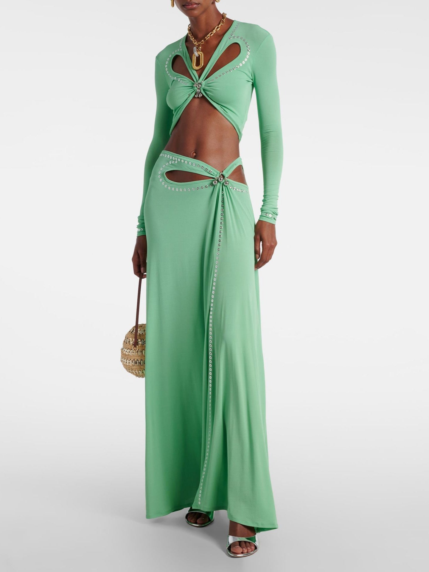green long-sleeved  low-cut high-slit dress