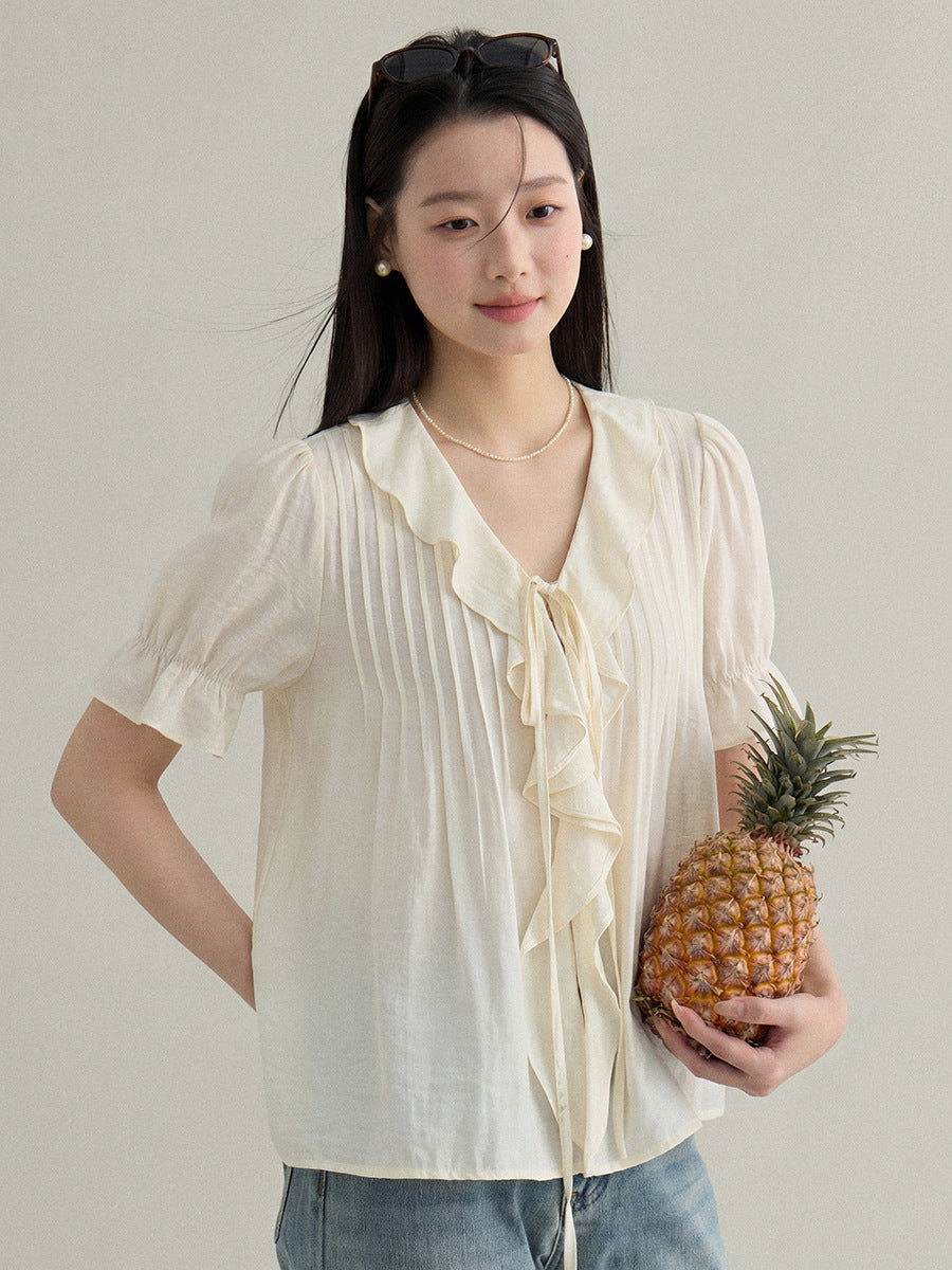 v-neck ruffle Bell-sleeved shirt
