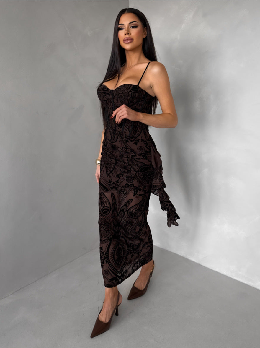 black Suspender Chest Wrap Waist Backless Dress